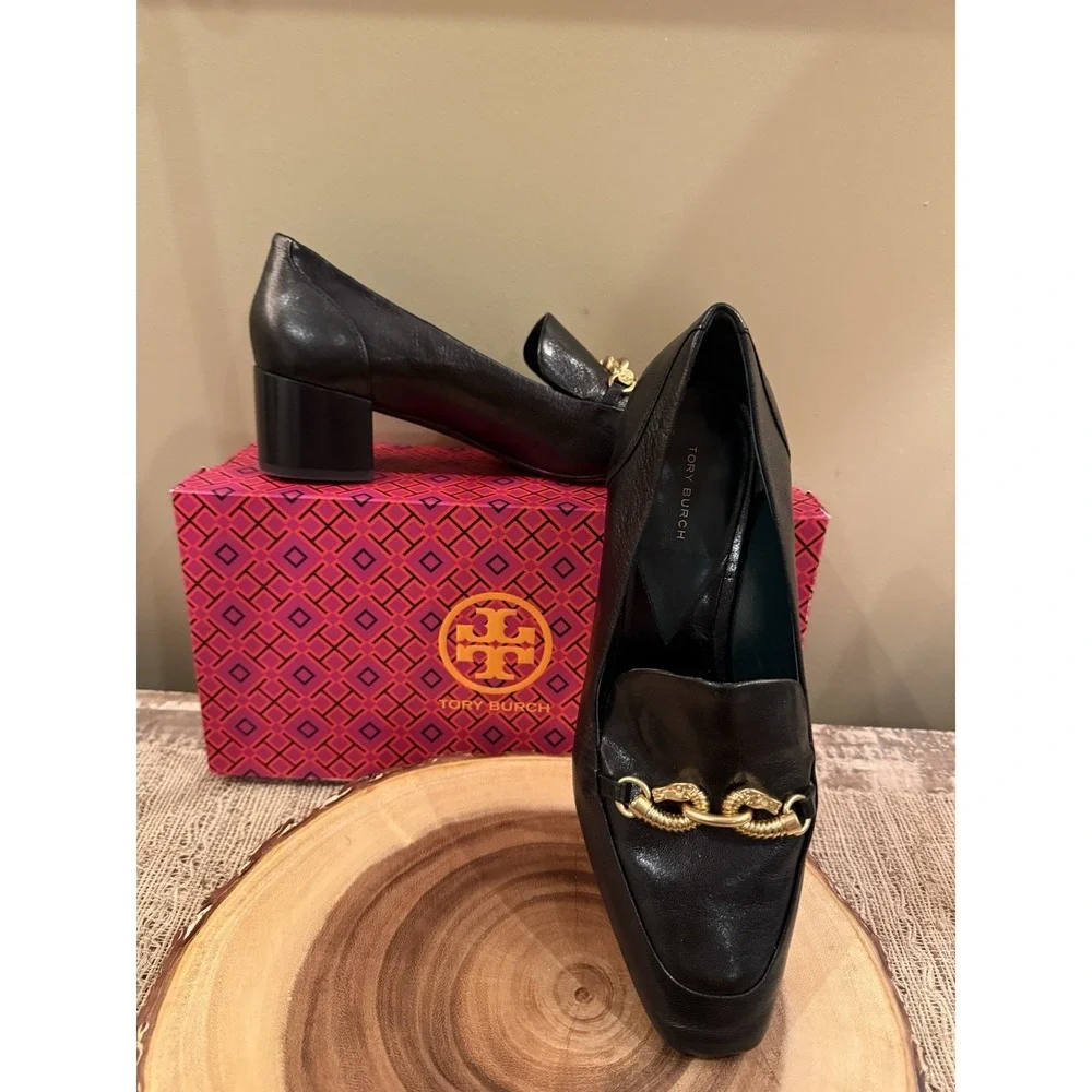 Tory Burch Women's Jessa Leather Heeled Loafer Black Block Heel Gold Links 9.5